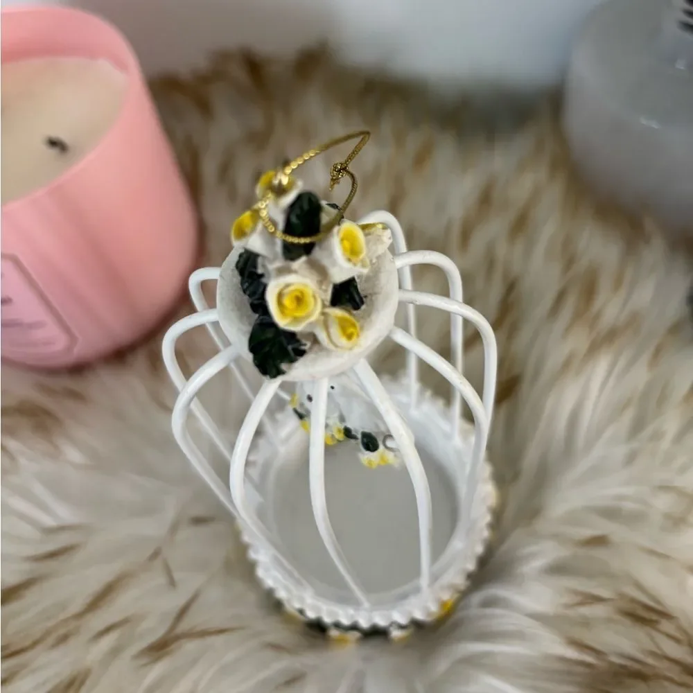 Shabby Chick White Yellow Floral Cage That Hangs with 2 Lovebirds